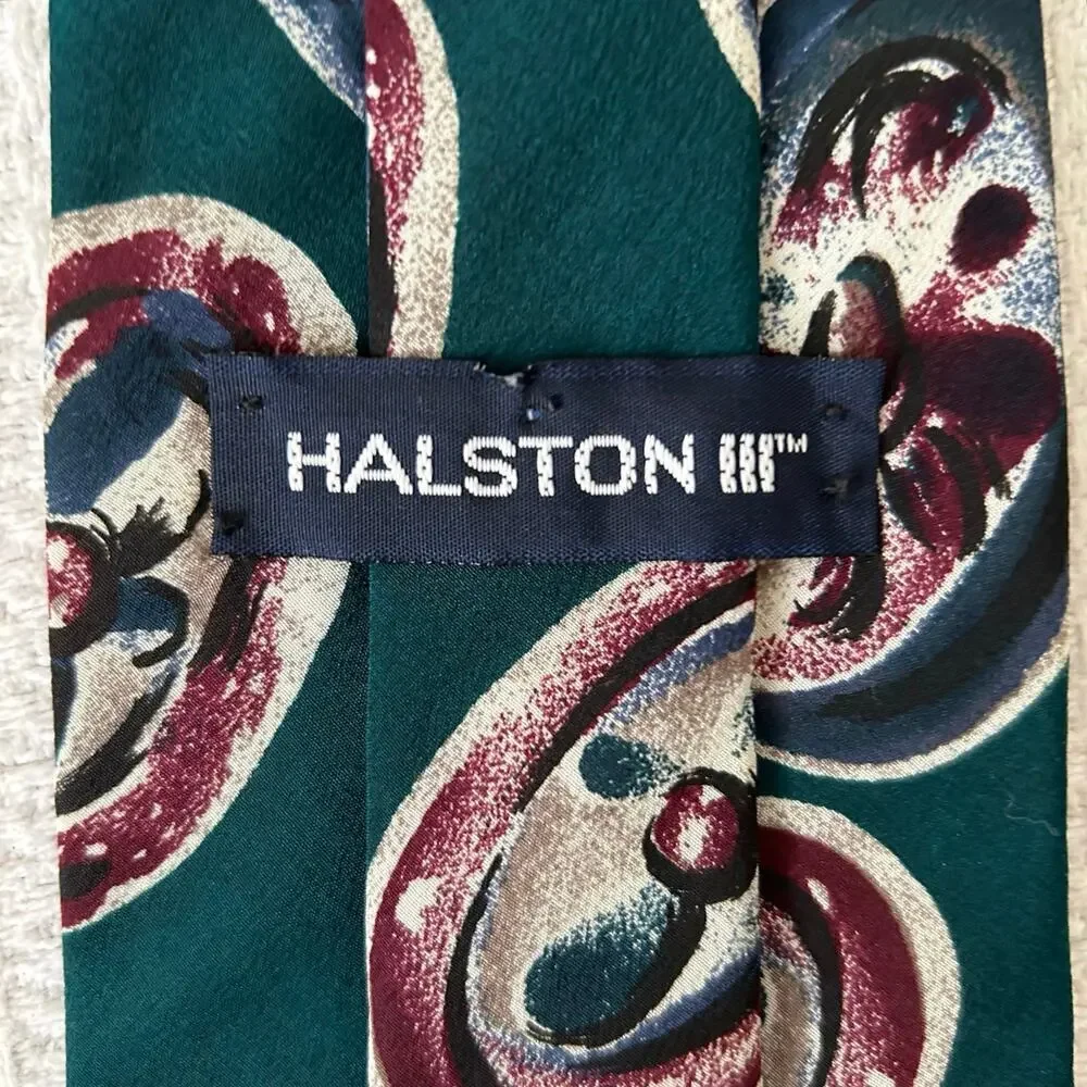 Vintage Halston Italian Silk Tie Teal Paisley